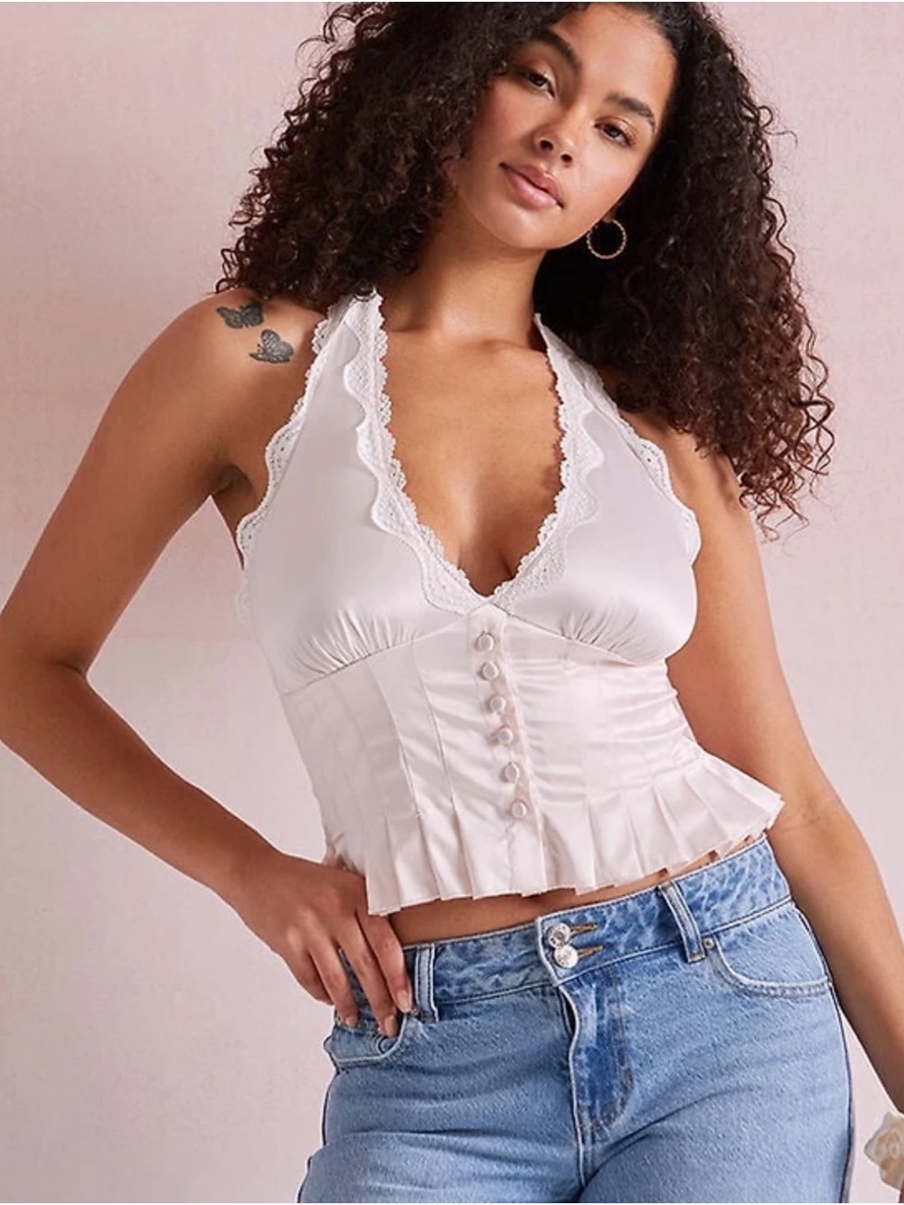Beverly and Beck Bella Lace Trim Halter Top Small Pink NWOT